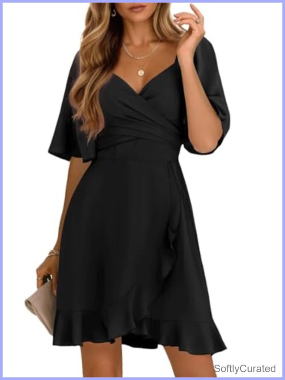 Wrap V Neck Short Sleeve Smocked Waist Tiered Belted Ruffle Hem Mini Dress